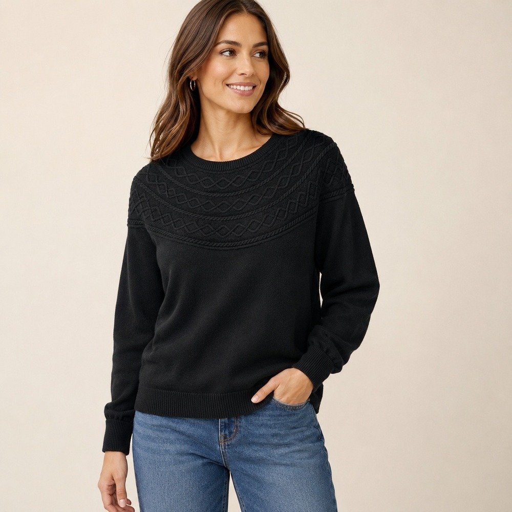 Talbots Black Cotton Cashmere Blend Cable Knit Yoke Crewneck Sweater Womens L